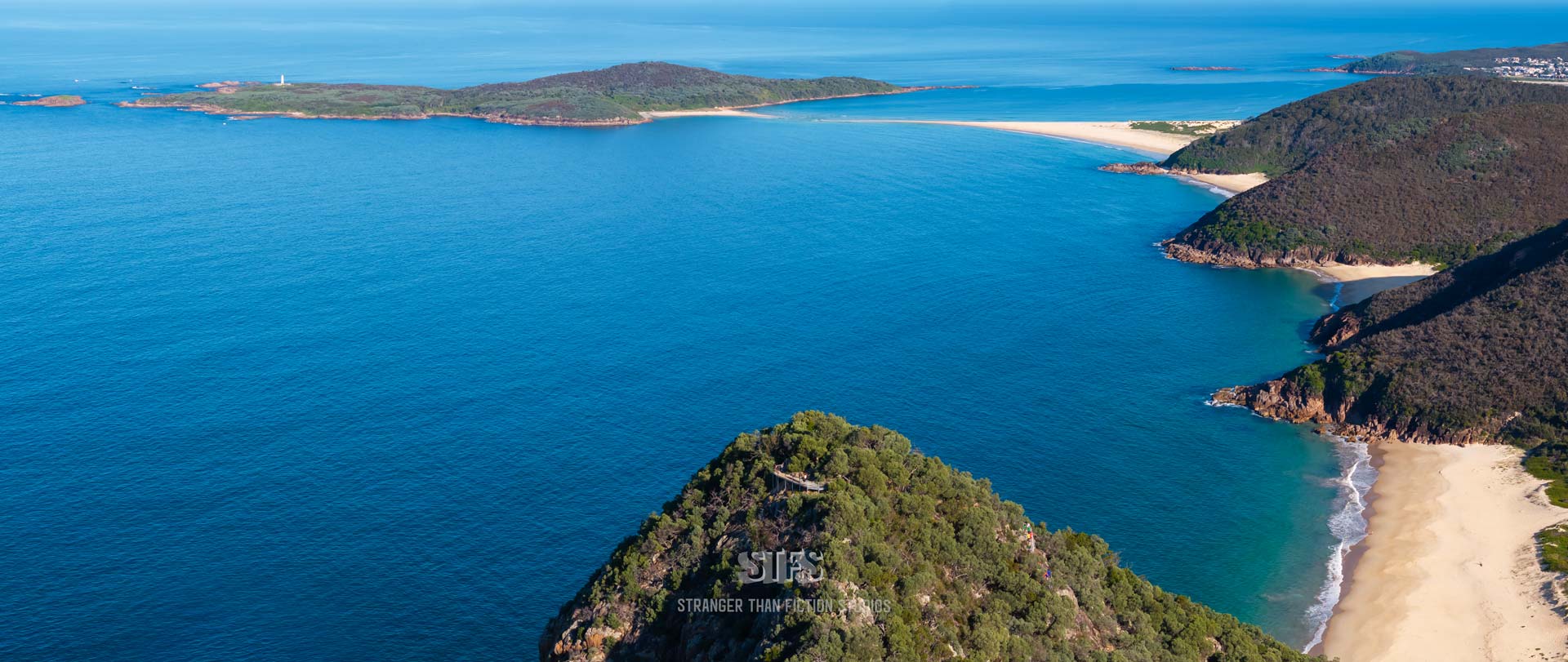 Panoramic Drone Image Of The Tomaree Headland Summit And View South To Zenith Beach, Box Beach and Fingal Bay In Port Stephens NSW